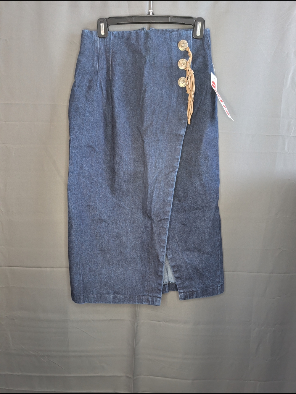 VTG 90s Wanted by Beads Beautiful Denim Wrap Midi Skirt Western Fringe S NWT